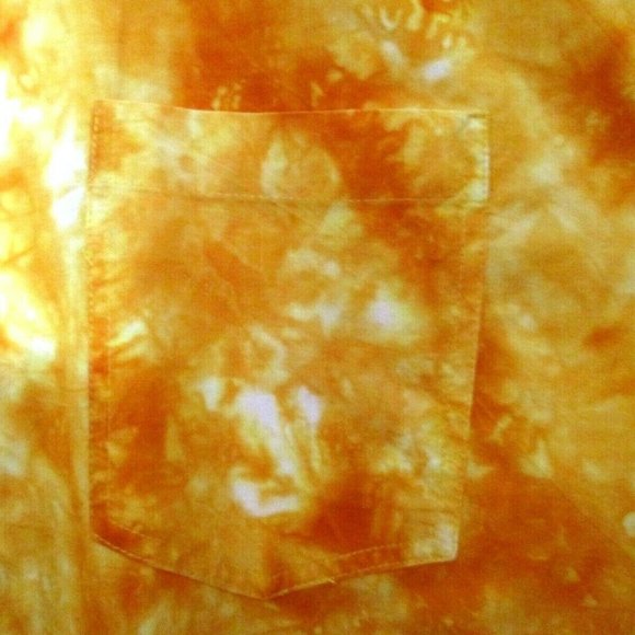 Mens Tie Dye Batik Hawaiian Shirt sz XL Bright Yellow w Blue Petroglyphs - Picture 6 of 9